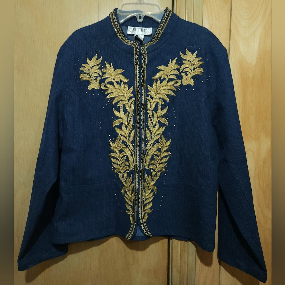Vtg ENTICE Womens Jacket Sz L Denim Jean Gold Embroider Floral Sequins Beads EUC